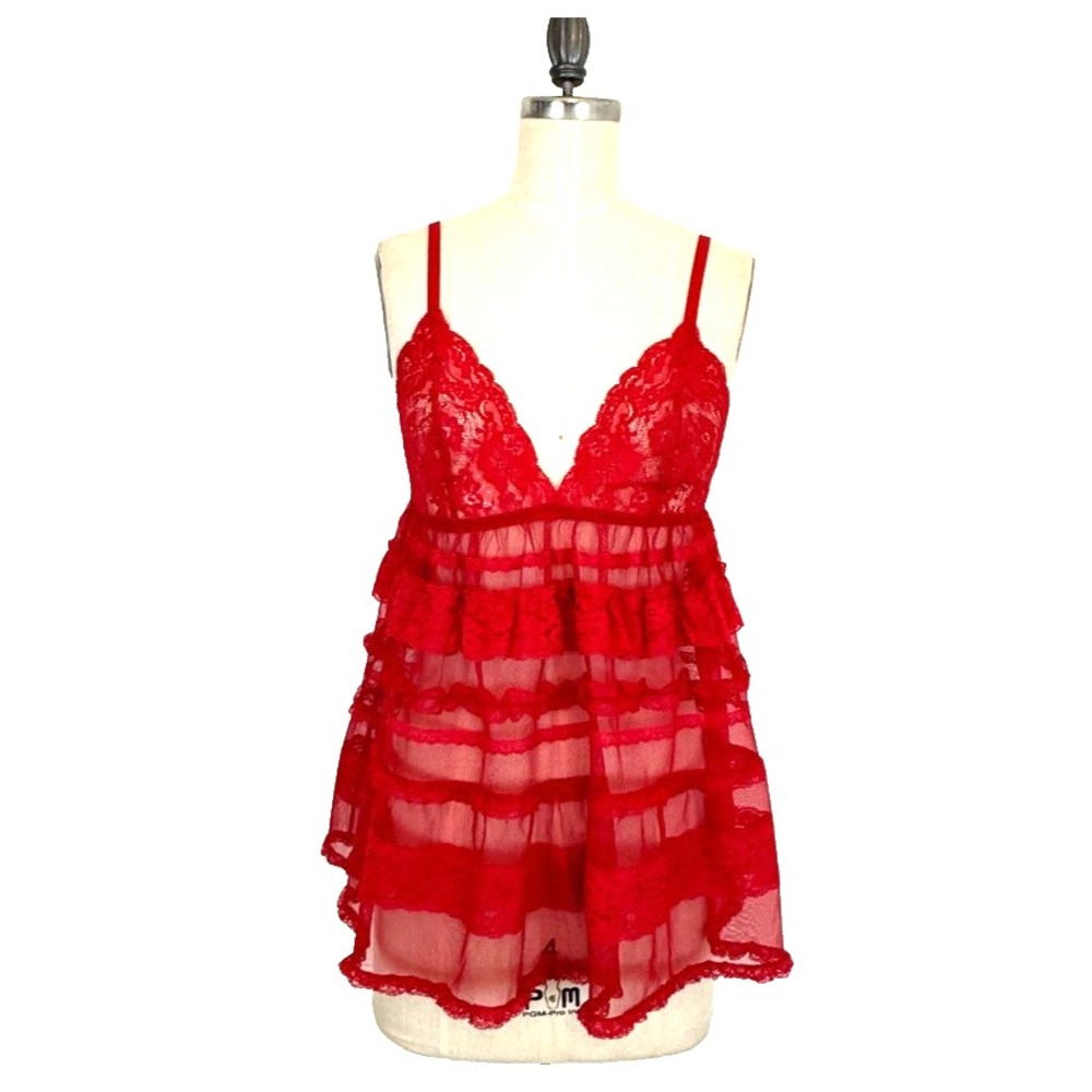 Victoria's Secret Sexy Red Sheer Lace Babydoll Lingerie Tiered Ruffle Nightie S